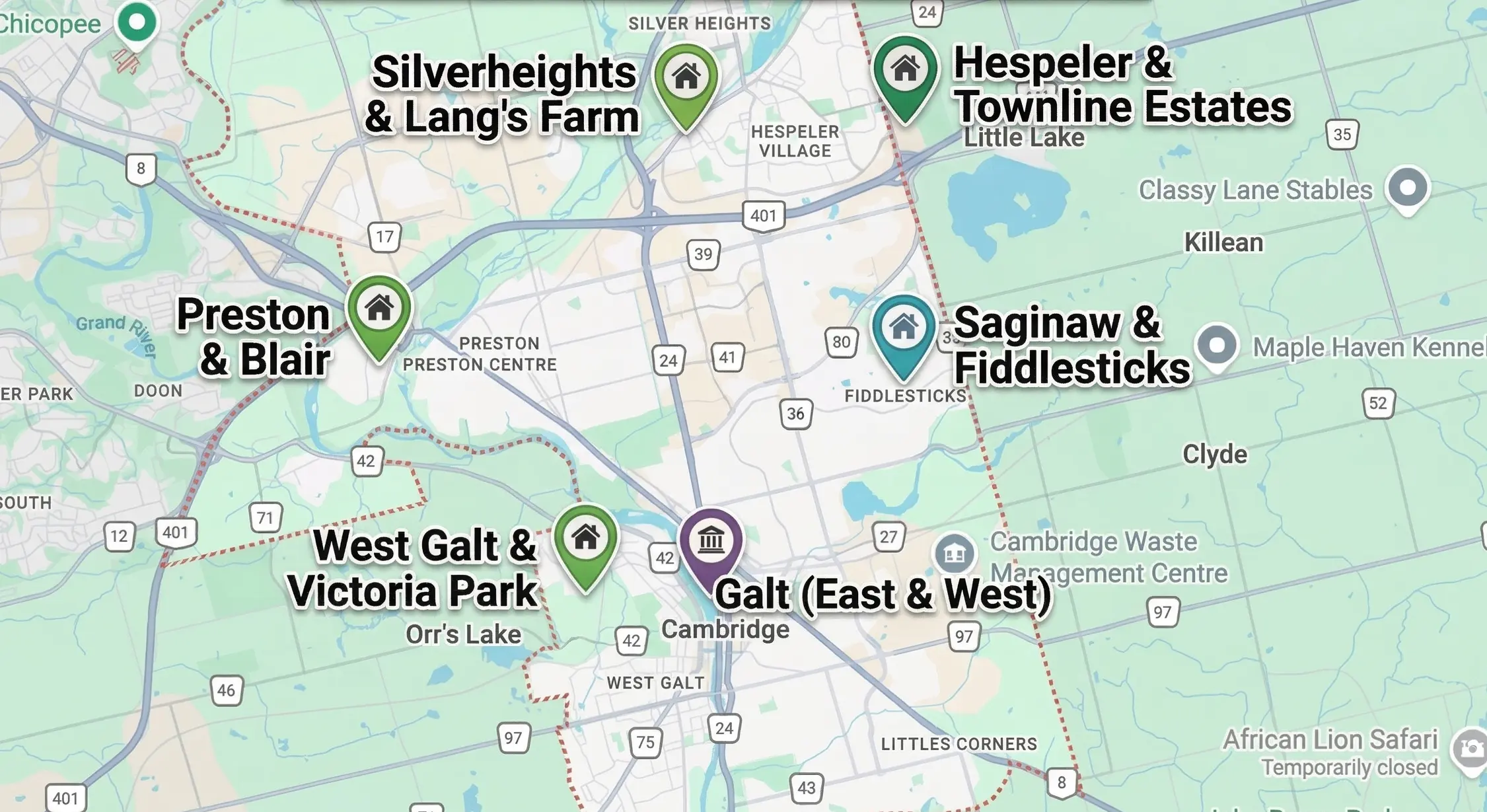 Areas we serve in cambridge Hespeler & Townline Estates
Preston & Blair
Galt (East & West)
Saginaw & Fiddlesticks
Silverheights & Lang's Farm
West Galt & Victoria Park