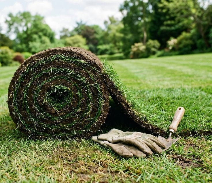 Sod Installation Forest Heights 3 Roll of green grass turf on fresh lawn. Gardening and landscaping service, backyard renovation concept. Nature texture of rolled sod for turf grass installation and ground improvement to be installed sod installation Forest Heights, Kitchener.