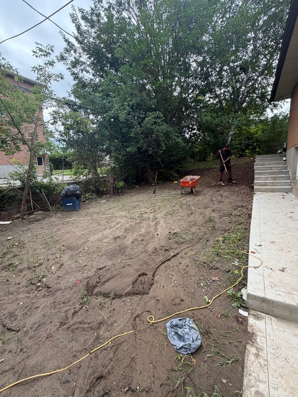 Side yard graded level to the concrete walk with a wheelbarrow at the far end, Columbia Street West, Waterloo