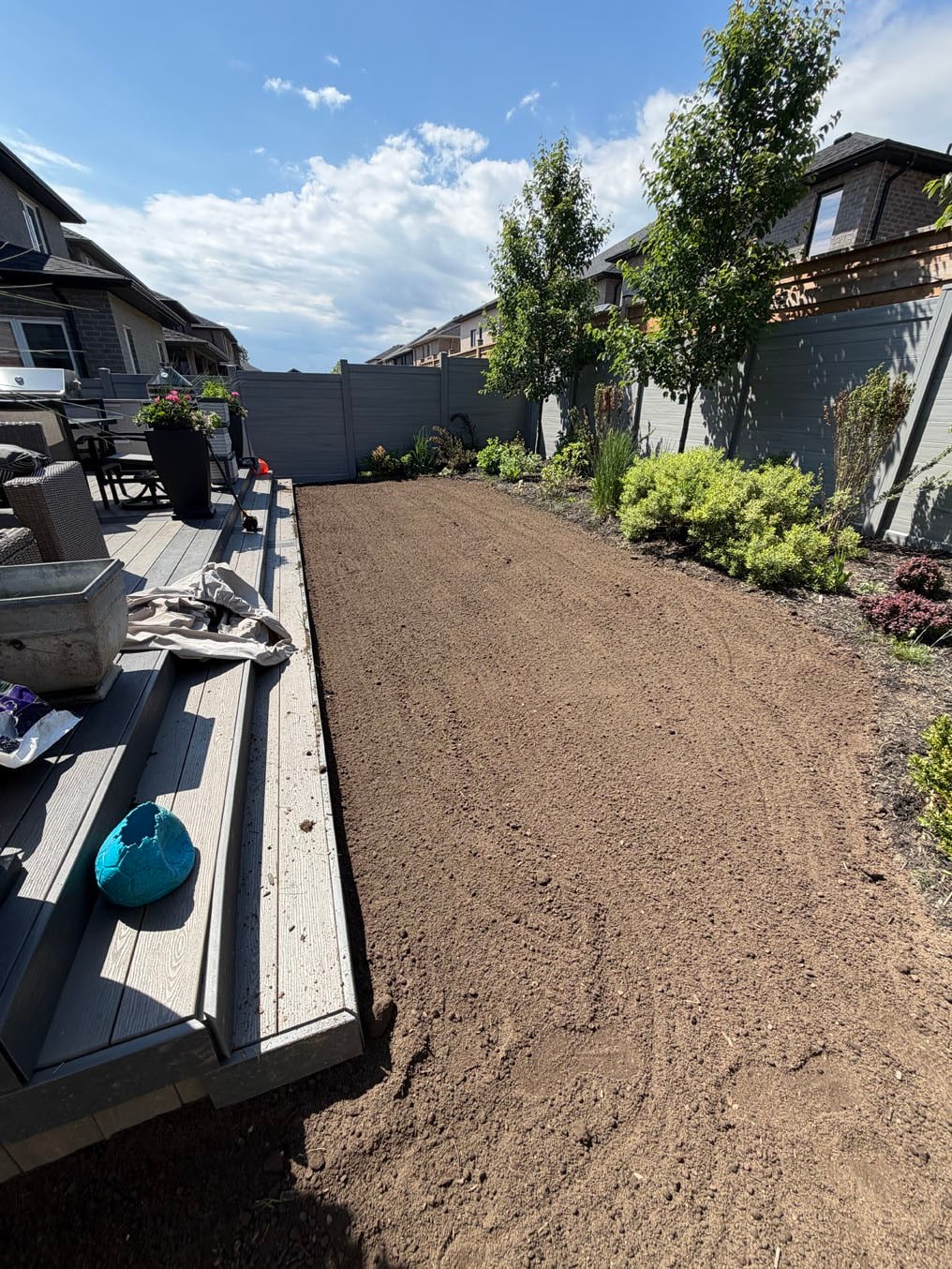 Sod Installation In Doon South, Kitchener 11 Fresh topsoil raked level across the Doon South, Kitchener backyard, graded flush to the deck and the shrub border and ready for sod