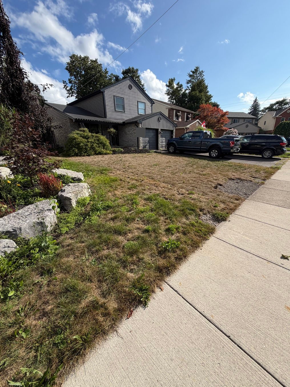 Dried-out, patchy front lawn beside an armour-stone garden bed at a two-storey home in Forest Heights, Kitchener, before sod replacement
