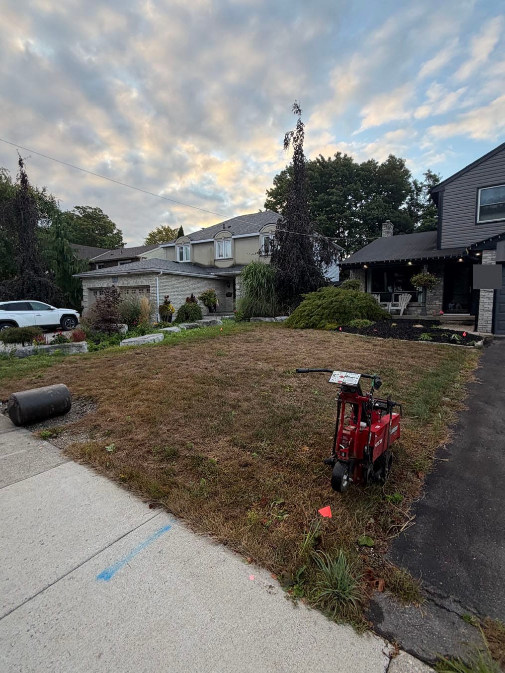 Sod cutter parked on the dry front lawn at dawn in Forest Heights, Kitchener, the lawn roller waiting at the sidewalk before the old turf came out