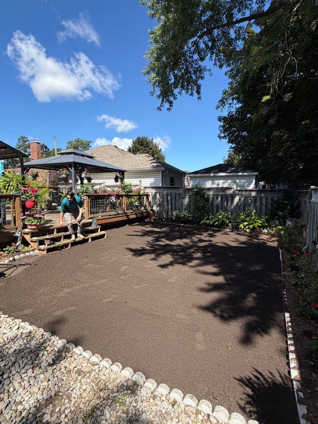 Fresh topsoil graded across the back yard from the deck to the fence at the Galt, Cambridge job