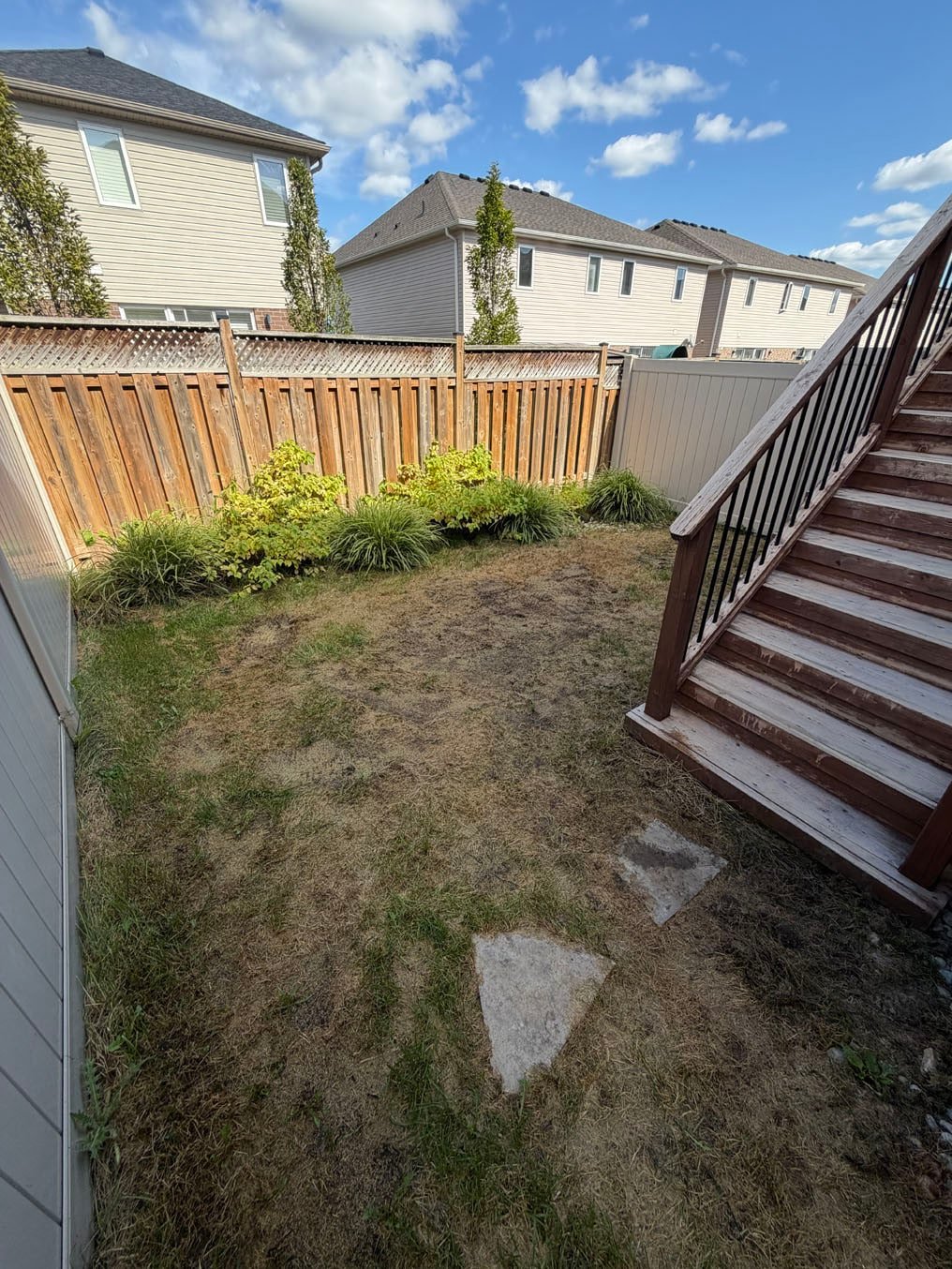 Sod Installation In Grand River South, Kitchener 1 Patchy, worn back yard lawn with stepping stones under the deck stairs at a Grand River South, Kitchener home before sod