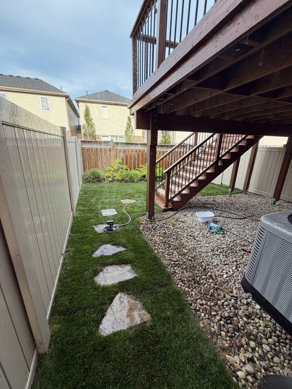 New sod laid along the side of the house with stepping stones re-set into it, Grand River South, Kitchener