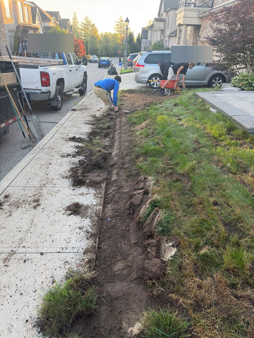 Front Lawn Sod Replacement In Grand River South, Kitchener 1 Crew cutting the old strip of front lawn along the sidewalk at a brick home in Grand River South, Kitchener
