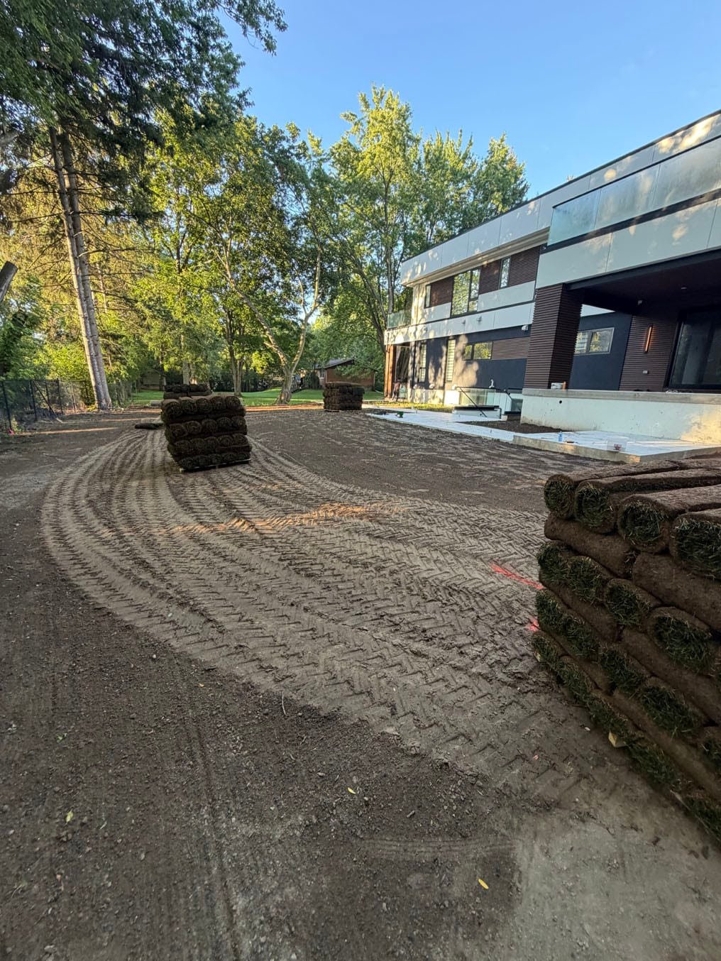Sod Installation On Lexington Crescent, Waterloo 9 Pallets of Kentucky bluegrass sod on the raked topsoil behind the Lexington Crescent, Waterloo home early on sod day