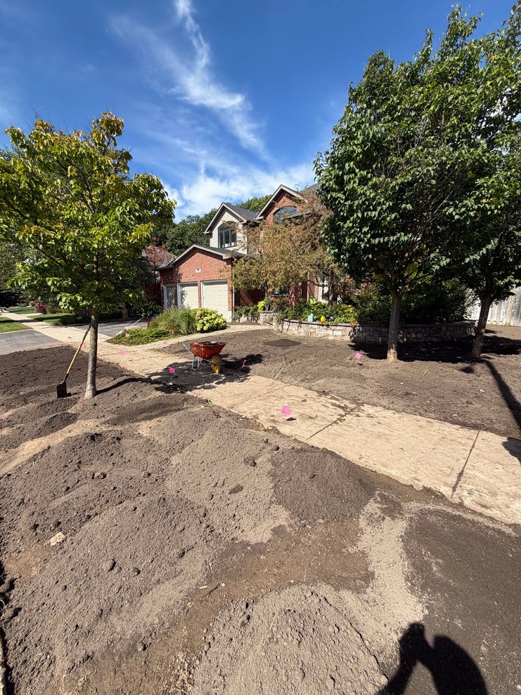 Fresh topsoil graded from the house to the sidewalk with a wheelbarrow, Pioneer Tower West, Kitchener